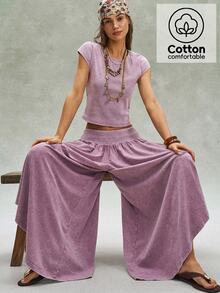 Bohemela 2pcs/Set Women Casual Solid Color Knit Washed Slim Fit T-Shirt & Wide Leg Pants - Multicolor - View 7