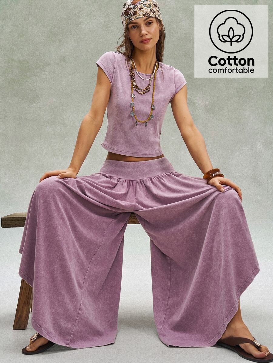 Bohemela 2pcs/Set Wanita Kasual Warna Polos Rajut Washed Slim Fit T-Shirt & Celana Panjang Lebar - MultiWarna - View 1