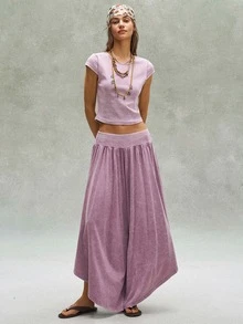Bohemela 2pcs/Set Women Casual Solid Color Knit Washed Slim Fit T-Shirt & Wide Leg Pants - Multicolor - View 6