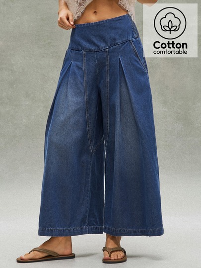 Bohemela Casual 80s Woven Denim Loose Fit Women's Long Pants Vacation Denim Blue Autumn