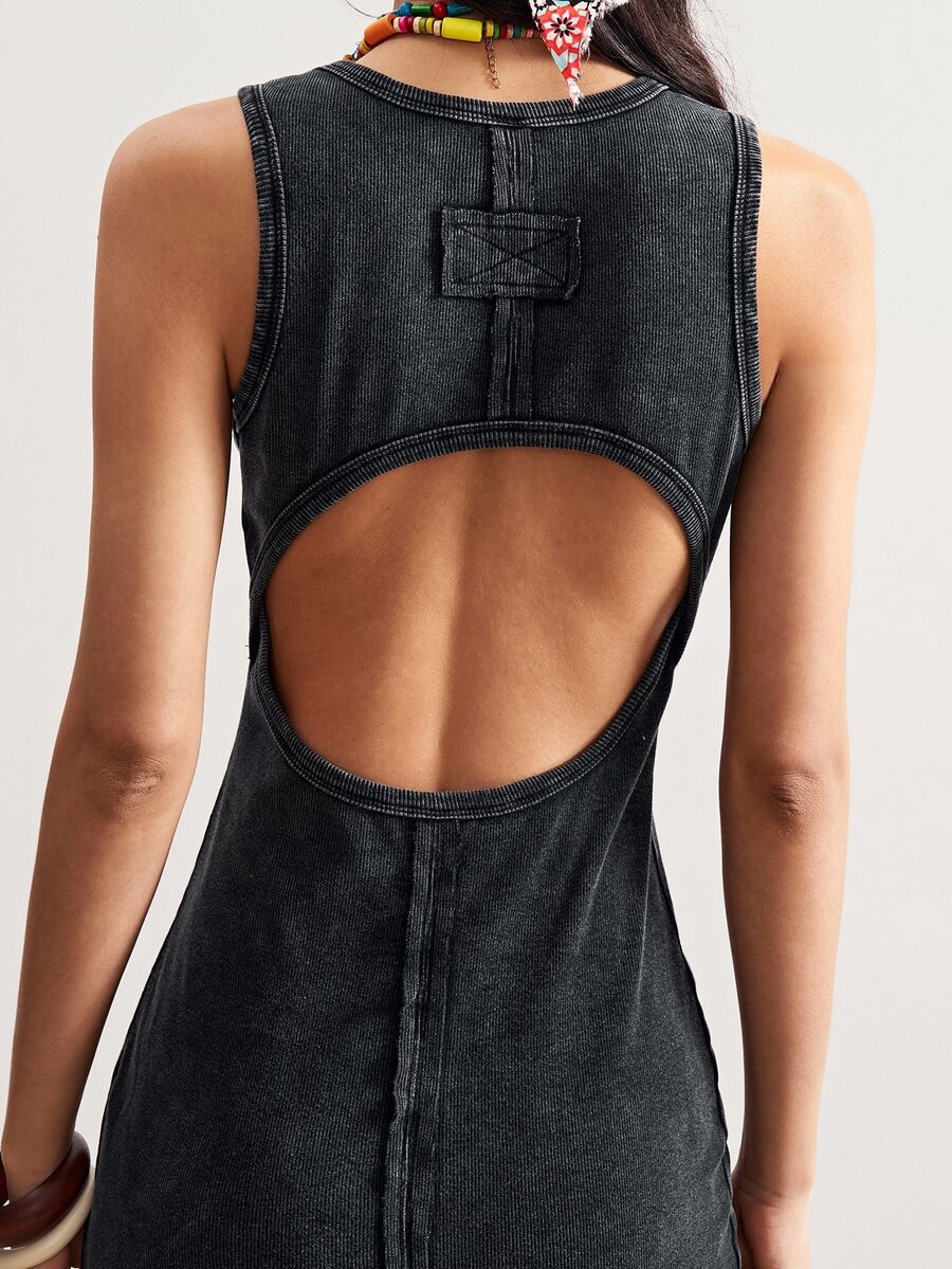 Bohemela Casual Solid Color Knitted Fitted Sleeveless Round Neck Washed Long Dress For Women - Black - View 1