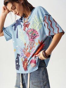 Bohemela BHO 海灘度假風休閒海洋印花針織圓領短袖寬鬆女款T恤 - 藍色 - 查看 4