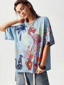 Bohemela BHO 海灘度假風休閒海洋印花針織圓領短袖寬鬆女款T恤 - 藍色 - 查看 3
