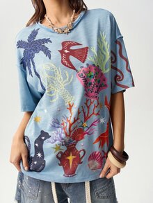 Bohemela BHO 海灘度假風休閒海洋印花針織圓領短袖寬鬆女款T恤 - 藍色 - 查看 6