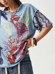 Bohemela BHO 海灘度假風休閒海洋印花針織圓領短袖寬鬆女款T恤 - 藍色 - 查看 2