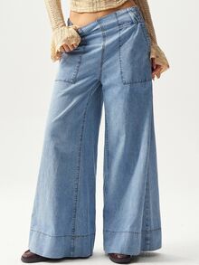 Bohemela Celana Jeans Denim Tenun Warna Polos Kasual dengan Potongan Lebar dan Longgar - Biru - View 5