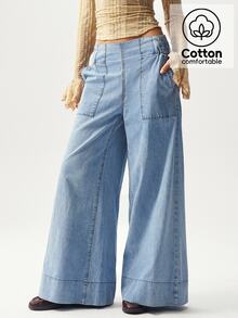 Bohemela Celana Jeans Denim Tenun Warna Polos Kasual dengan Potongan Lebar dan Longgar - Biru - View 1