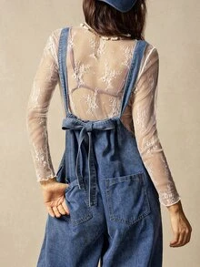 Bohemela Women's Casual Vintage Solid Color Loose Jumpsuit Boho Picnic Vacation Blue Summer - Blue - View 2