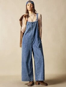 Bohemela Women's Casual Vintage Solid Color Loose Jumpsuit Boho Picnic Vacation Blue Summer - Blue - View 5