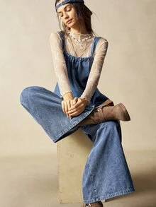 Bohemela Women's Casual Vintage Solid Color Loose Jumpsuit Boho Picnic Vacation Blue Summer - Blue - View 4