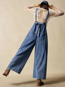 Bohemela Women's Casual Vintage Solid Color Loose Jumpsuit Boho Picnic Vacation Blue Summer - Blue - View 3