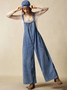 Bohemela Women's Casual Vintage Solid Color Loose Jumpsuit Boho Picnic Vacation Blue Summer - Blue - View 10
