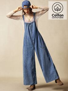 Bohemela Women's Casual Vintage Solid Color Loose Jumpsuit Boho Picnic Vacation Blue Summer - Blue - View 1
