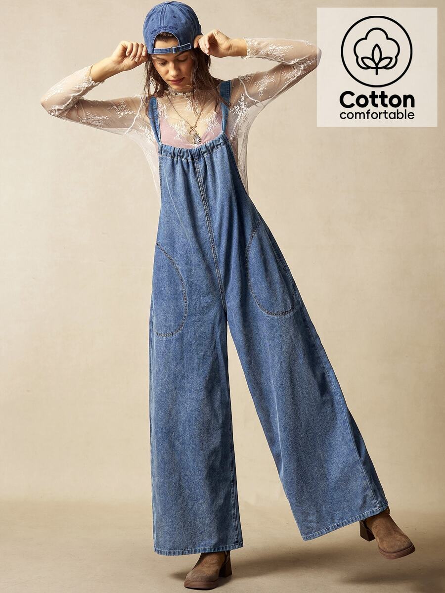 Bohemela Women's Casual Vintage Solid Color Loose Jumpsuit Boho Picnic Vacation Blue Summer - Blue - View 1