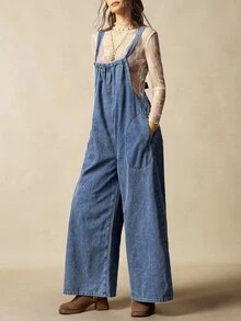 Bohemela Women's Casual Vintage Solid Color Loose Jumpsuit Boho Picnic Vacation Blue Summer - Blue - View 7