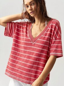Bohemela Casual Striped V-Neck Short Sleeve Washed Loose T-Shirt For Women - Multicolor - View 3