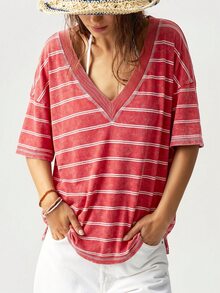 Bohemela Casual Striped V-Neck Short Sleeve Washed Loose T-Shirt For Women - Multicolor - View 2