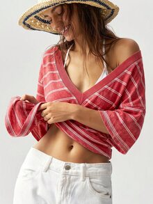 Bohemela Casual Striped V-Neck Short Sleeve Washed Loose T-Shirt For Women - Multicolor - View 6
