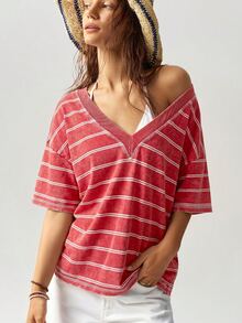 Bohemela Casual Striped V-Neck Short Sleeve Washed Loose T-Shirt For Women - Multicolor - View 5