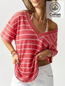 Bohemela Casual Striped V-Neck Short Sleeve Washed Loose T-Shirt For Women - Multicolor - View 1