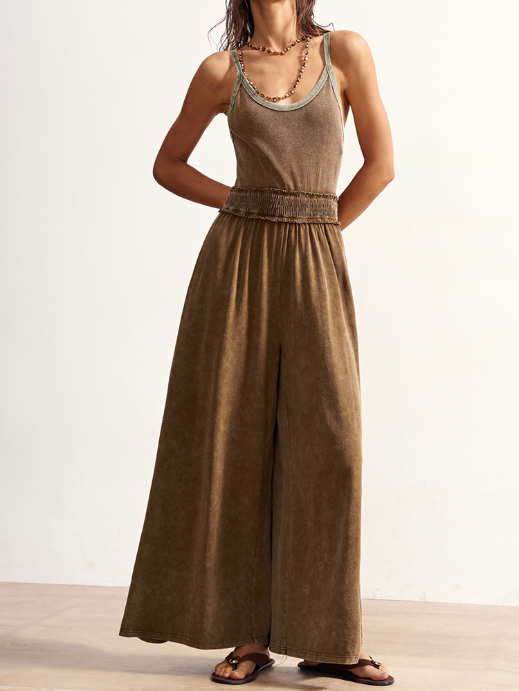 Bohemela Jumpsuit Rajut Polos Kasual Wanita, Musim Semi/Panas - Coklat - View 5