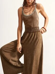 Bohemela Women's Casual Solid Color Knit Jumpsuit, Spring/Summer Resort Brunch Vacation Brown - Brown - View 6