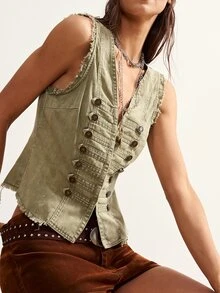 Bohemela Boho 1960s Vintage 70s Summer Outfits, Napoleon-Inspired Casual Solid Color Button Design Woven Denim Washed Vest Western Party Nightout Olive Green - Army Green - View 8
