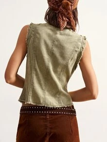 Bohemela Boho 1960s Vintage 70s Summer Outfits, Napoleon-Inspired Casual Solid Color Button Design Woven Denim Washed Vest Western Party Nightout Olive Green - Army Green - View 7