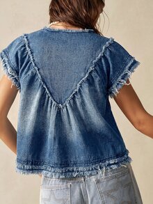 Bohemela 女款休閒波西米亞風純色編織牛仔寬鬆V領上衣，度假藍，夏季度假穿搭 - 藍色 - 查看 8