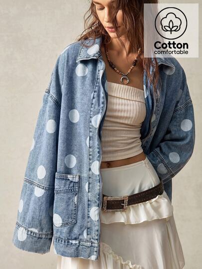 Bohemela Women's Polka Dot Casual Versatile Daily Outing Washed Denim Jacket