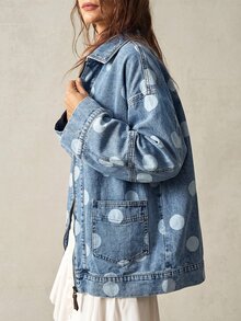 Bohemela Women's Polka Dot Casual Versatile Daily Outing Washed Denim Jacket - Blue - View 5