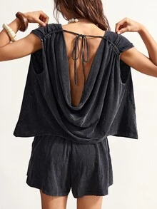 Bohemela 2pcs/Set Women Casual Solid Color Knit Washed Loose Top & Loose Shorts - Black - View 8