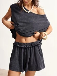 Bohemela 2pcs/Set Women Casual Solid Color Knit Washed Loose Top & Loose Shorts - Black - View 7