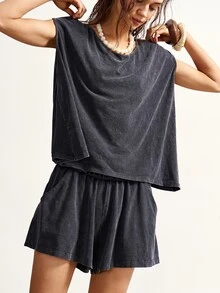 Bohemela 2pcs/Set Women Casual Solid Color Knit Washed Loose Top & Loose Shorts - Black - View 5