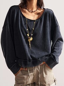 Bohemela Women's Casual Solid Color Knit Crew Neck Loose Washed Sweatshirt Off The Shoulder Sweatshirt Off The Shoulder Long Sleeve In Fall/Winter - Black - View 4