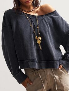 Bohemela Women's Casual Solid Color Knit Crew Neck Loose Washed Sweatshirt Off The Shoulder Sweatshirt Off The Shoulder Long Sleeve In Fall/Winter - Black - View 7