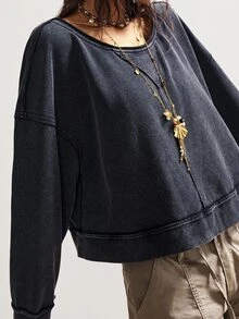 Bohemela Women's Casual Solid Color Knit Crew Neck Loose Washed Sweatshirt Off The Shoulder Sweatshirt Off The Shoulder Long Sleeve In Fall/Winter - Black - View 5