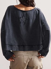 Bohemela Women's Casual Solid Color Knit Crew Neck Loose Washed Sweatshirt Off The Shoulder Sweatshirt Off The Shoulder Long Sleeve In Fall/Winter - Black - View 6