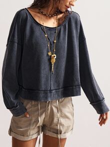Bohemela Women's Casual Solid Color Knit Crew Neck Loose Washed Sweatshirt Off The Shoulder Sweatshirt Off The Shoulder Long Sleeve In Fall/Winter - Black - View 2