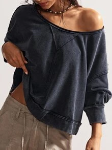 Bohemela Women's Casual Solid Color Knit Crew Neck Loose Washed Sweatshirt Off The Shoulder Sweatshirt Off The Shoulder Long Sleeve In Fall/Winter - Black - View 8