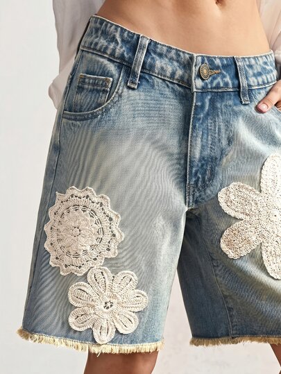 Bohemela Casual Solid Color Lace Trim Vintage Denim Shorts For Women