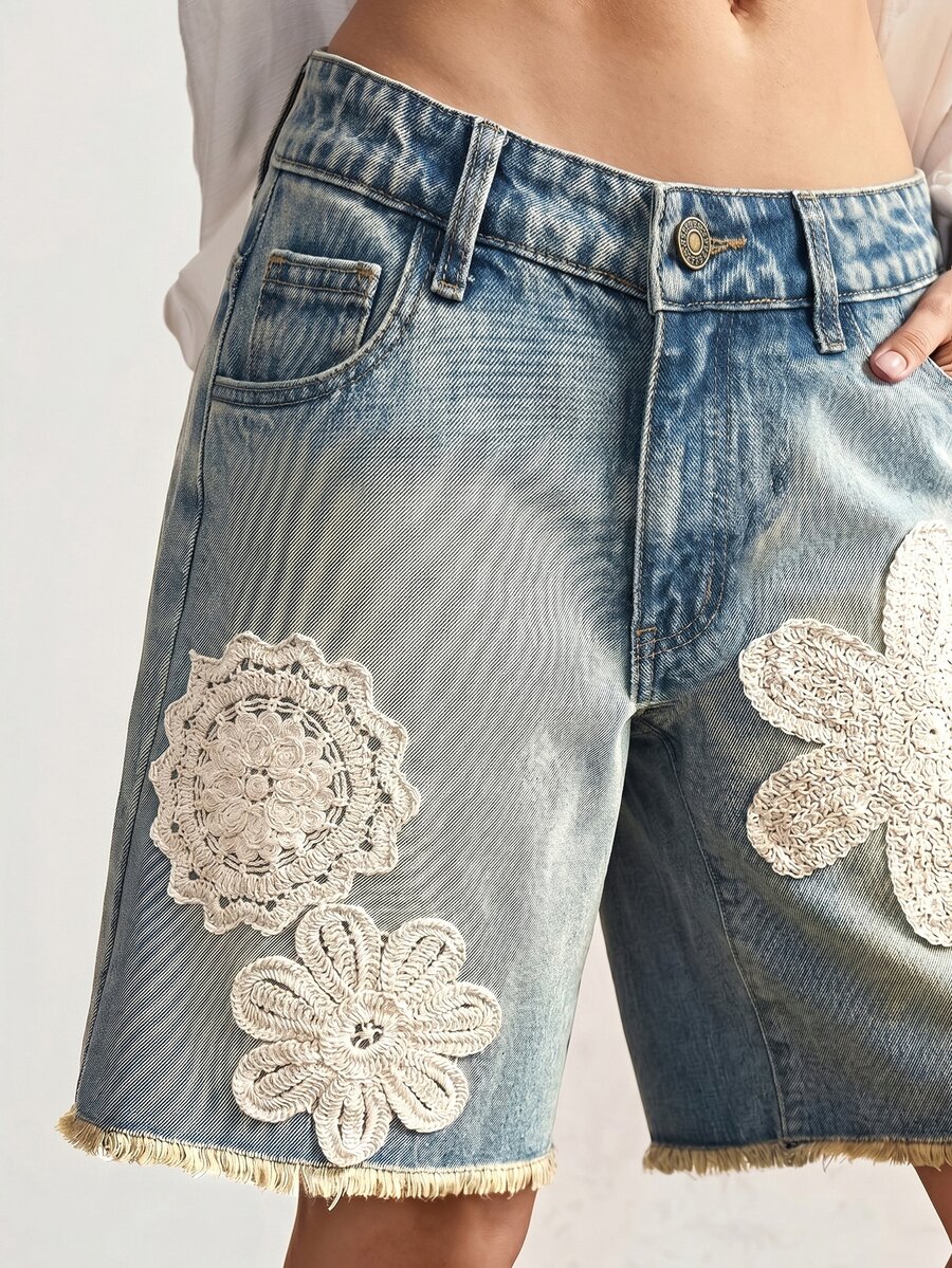 Bohemela Casual Solid Color Lace Trim Vintage Denim Shorts For Women