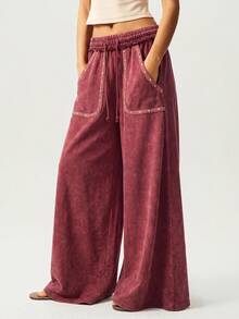 Bohemela Casual 70s 90s Solid Color Knit Patchwork Loose Wide Leg Women's Long Pants Work Party Burgundy Autumn - Burgundy - View 5
