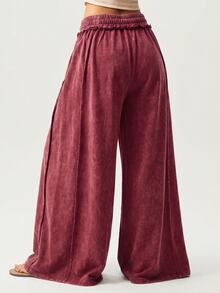 Bohemela Casual 70s 90s Solid Color Knit Patchwork Loose Wide Leg Women's Long Pants Work Party Burgundy Autumn - Burgundy - View 7