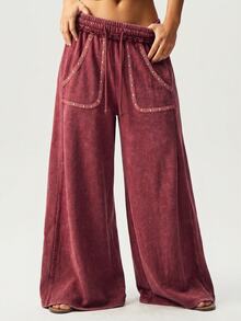 Bohemela Casual 70s 90s Solid Color Knit Patchwork Loose Wide Leg Women's Long Pants Work Party Burgundy Autumn - Burgundy - View 3