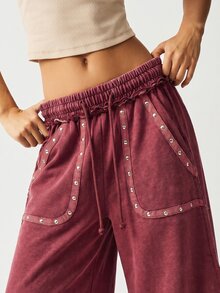 Bohemela Casual 70s 90s Solid Color Knit Patchwork Loose Wide Leg Women's Long Pants Work Party Burgundy Autumn - Burgundy - View 2