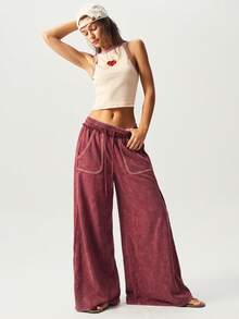 Bohemela Casual 70s 90s Solid Color Knit Patchwork Loose Wide Leg Women's Long Pants Work Party Burgundy Autumn - Burgundy - View 6