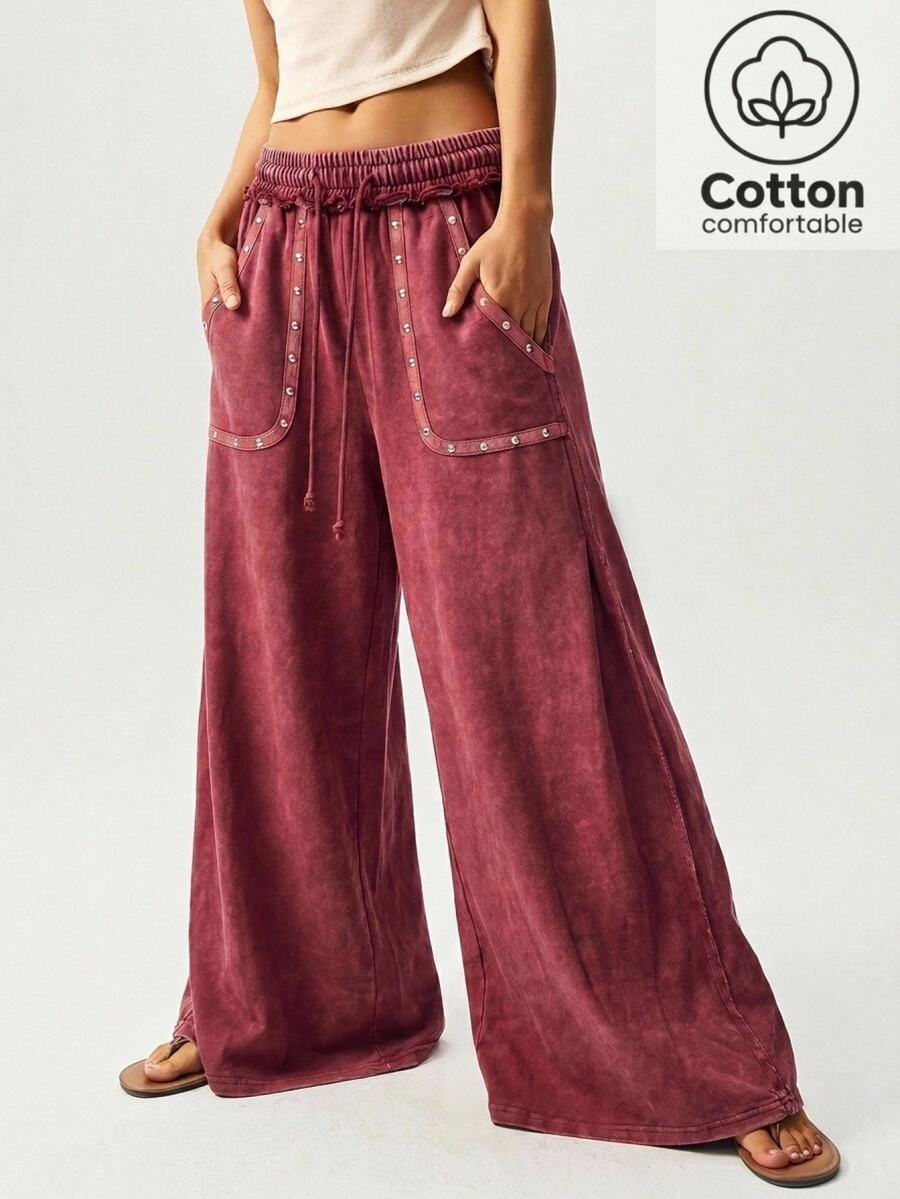 Bohemela Casual 70s 90s Solid Color Knit Patchwork Loose Wide Leg Women's Long Pants Work Party Burgundy Autumn - Burgundy - View 1