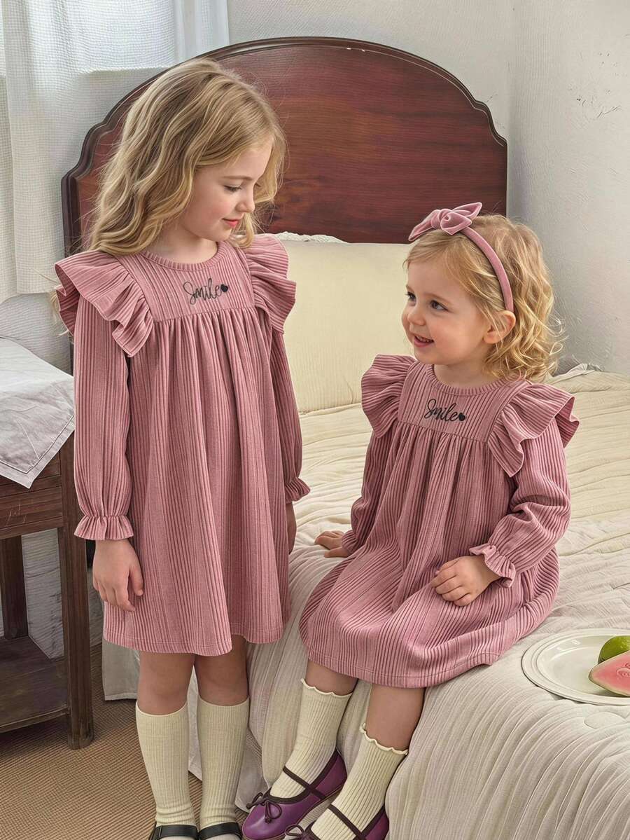 Cozy Pixies Baby Girl Lotus Pink Solid Color Knitted Ribbed Soft Round Neck Ruffle Hem Letter Embroidery Classic Long Sleeve Waist-Cinching Autumn Winter Dress - Dusty Pink - View 1