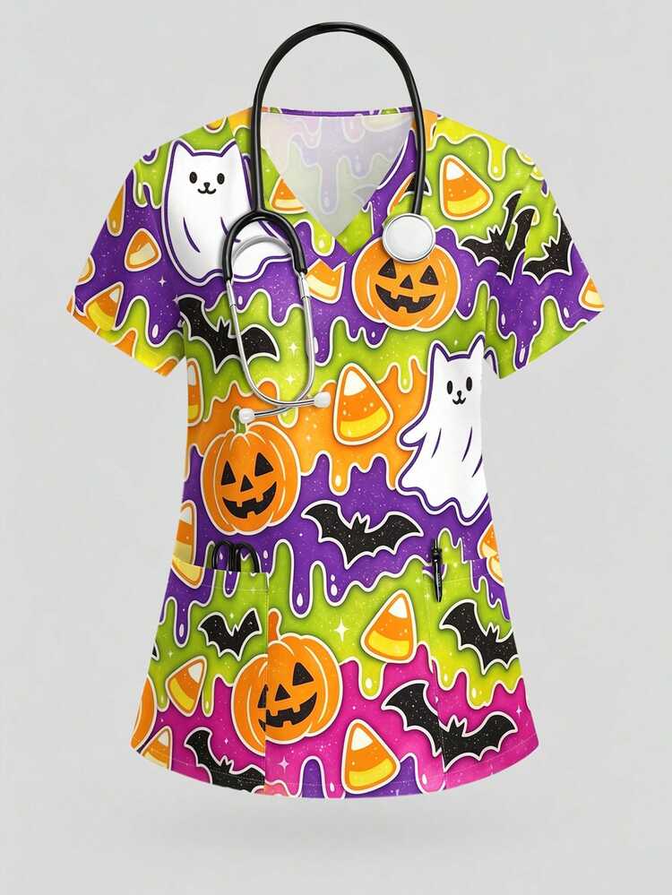 PopScrub Halloween Colorful Gradient Pumpkin Ghost Bat Print Women's Scrub Top, Fashion V-Neck Short Sleeve With Pockets And Side Slit Design, Spring/Summer Uniform Top, Suitable For Hospitals, Beauty Salons And Various Institutions - Multicolor - View 1